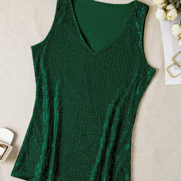 Dark Green Casual Sequin Women's V-Neck Sleeveless Tank Top - Picture 3 of 4